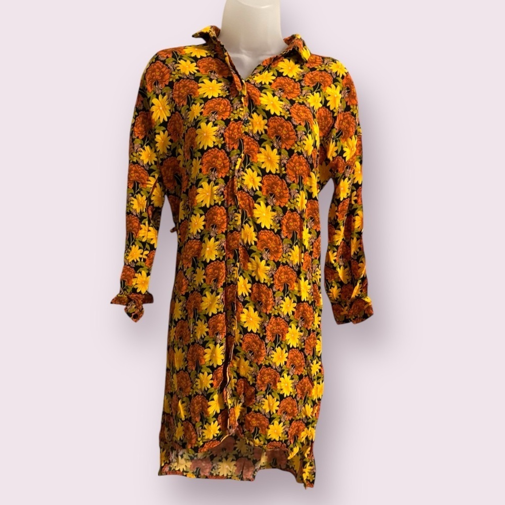 Topshop Floral Shirt Dress Button Front Mini Long Sleeve Size 2